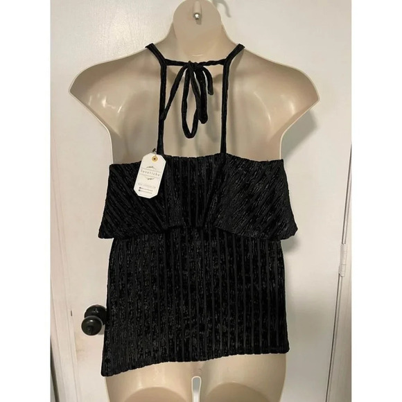 Black velvet halter top with pleats, ruffles, and tie-back straps size M #0258 - Picture 4 of 6